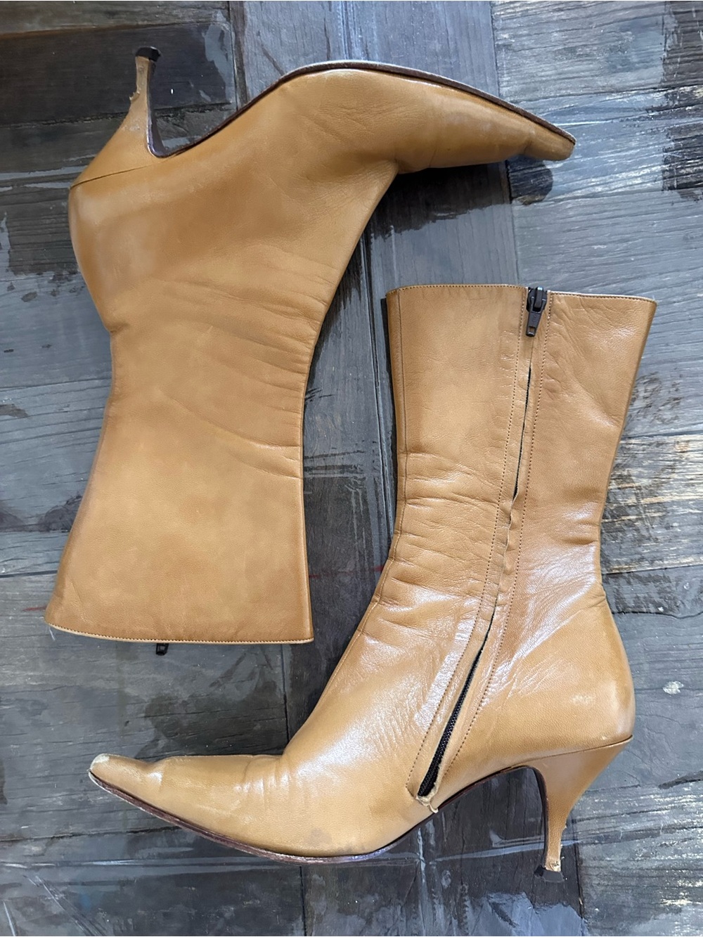 BARNEYS NEW YORK Tan Leather Mid-Calf Pointed Toe Kitten Heel Boots